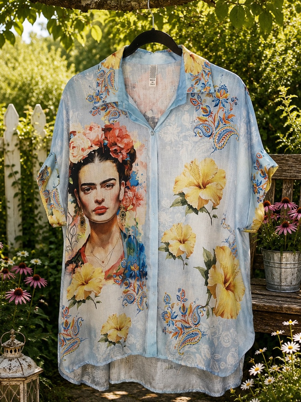 🌸 Made in Italy Frida Kahlo Floral Print 2-Piece Shirt & Wide-Leg Pant Set